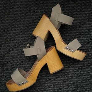 Mia Taupe Suede Platform Sandals with Wood-Effect Block Heel